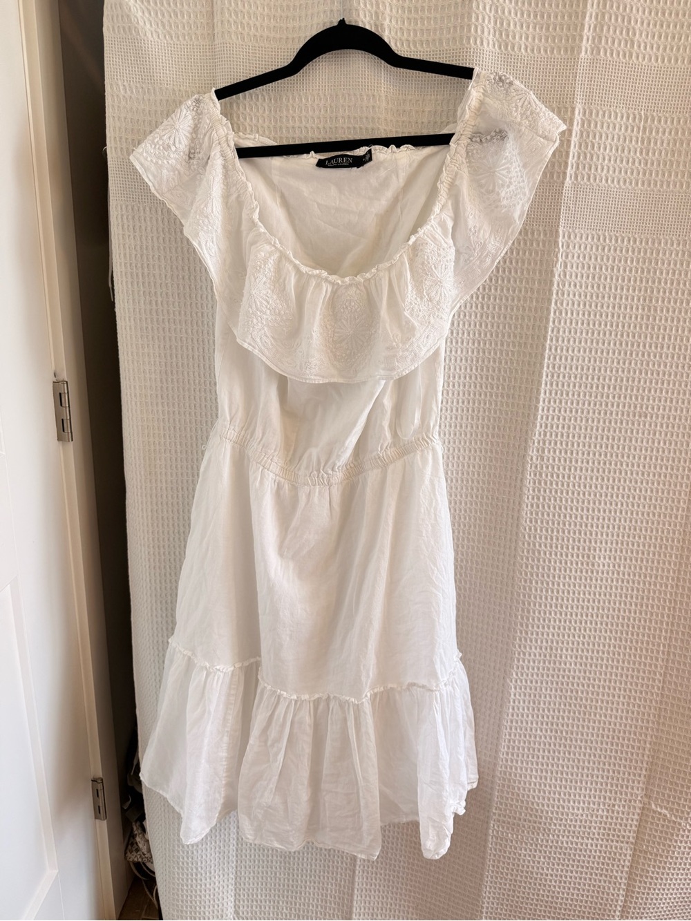 Ralph Lauren White Off-Shoulder Ruffle Midi Dress 100% Cotton